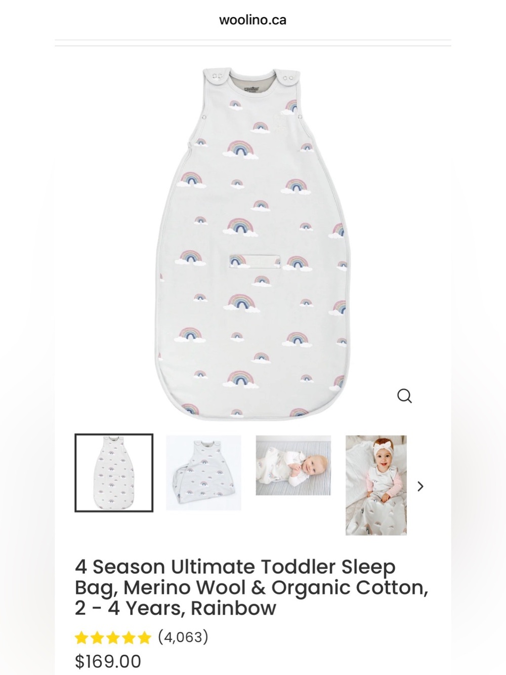 Woolino 4-Season Toddler Sleep Bag in Rainbow Print - White/Pink